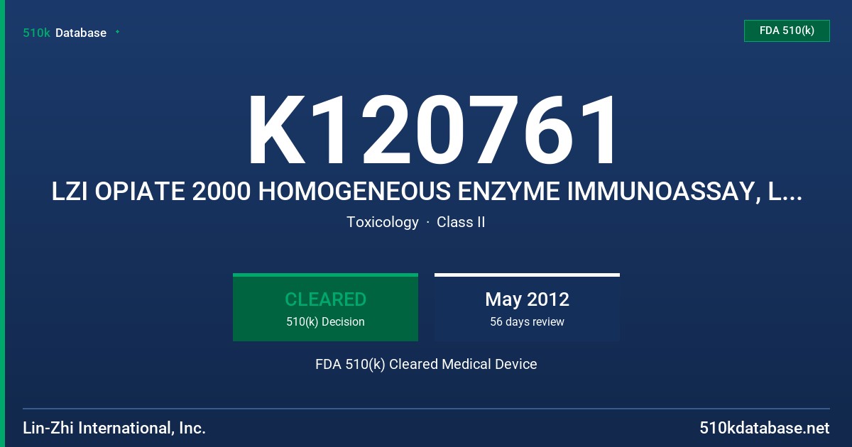 K120761 LZI OPIATE 2000 HOMOGENEOUS ENZYME IMMUNOASSAY, LZI OPIATE 2000 CALIBRATORS, LZI OPIATE 2000 CONTROLS FDA 510(k) Cleared Medical Device