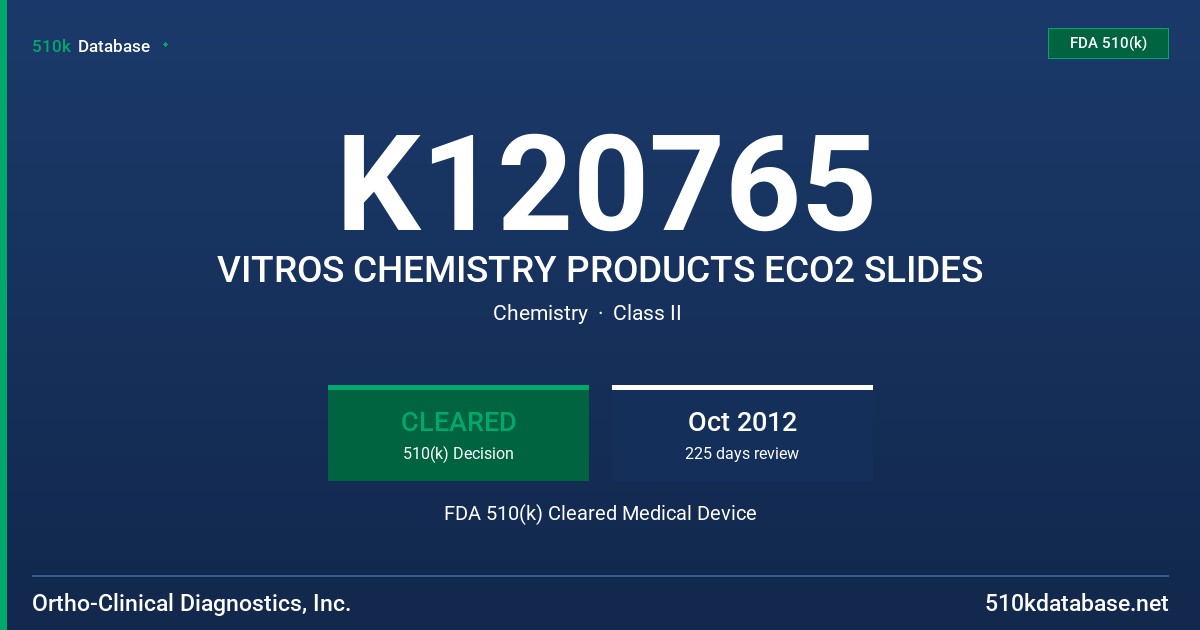 K120765 VITROS CHEMISTRY PRODUCTS ECO2 SLIDES FDA 510(k) Cleared Medical Device