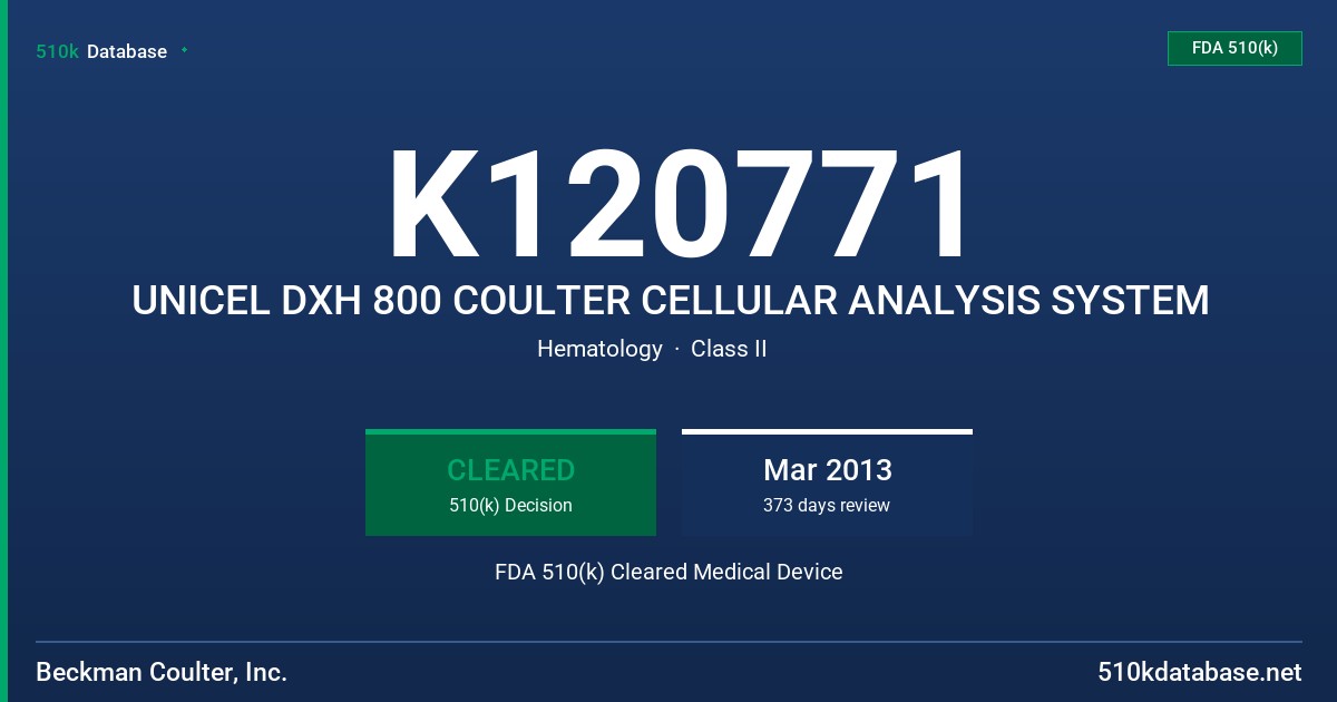 K120771 UNICEL DXH 800 COULTER CELLULAR ANALYSIS SYSTEM FDA 510(k) Cleared Medical Device
