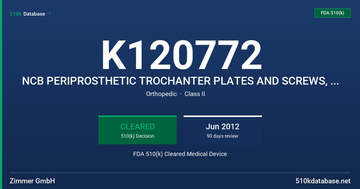 K120772 NCB PERIPROSTHETIC TROCHANTER PLATES AND SCREWS, NCB CABLE BUTTON FOR NCB OPLYAXIAL LOCKING PLATE FDA 510(k) Cleared Medical Device