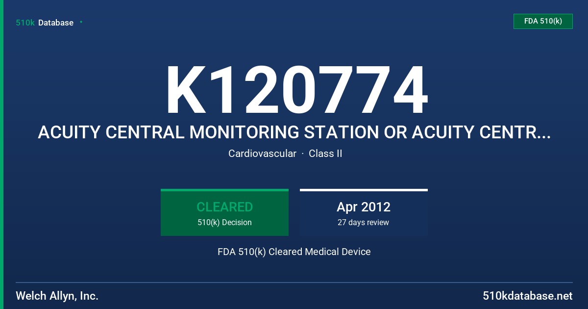K120774 ACUITY CENTRAL MONITORING STATION OR ACUITY CENTRAL MONITORING SYSTEM, MOBILE ACUITY LT, MOBILE ACUITY, MOBILE LT FDA 510(k) Cleared Medical Device