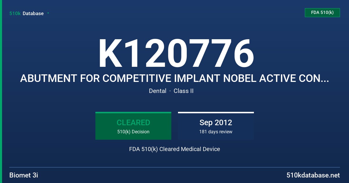 K120776 ABUTMENT FOR COMPETITIVE IMPLANT NOBEL ACTIVE CONNECTION FDA 510(k) Cleared Medical Device