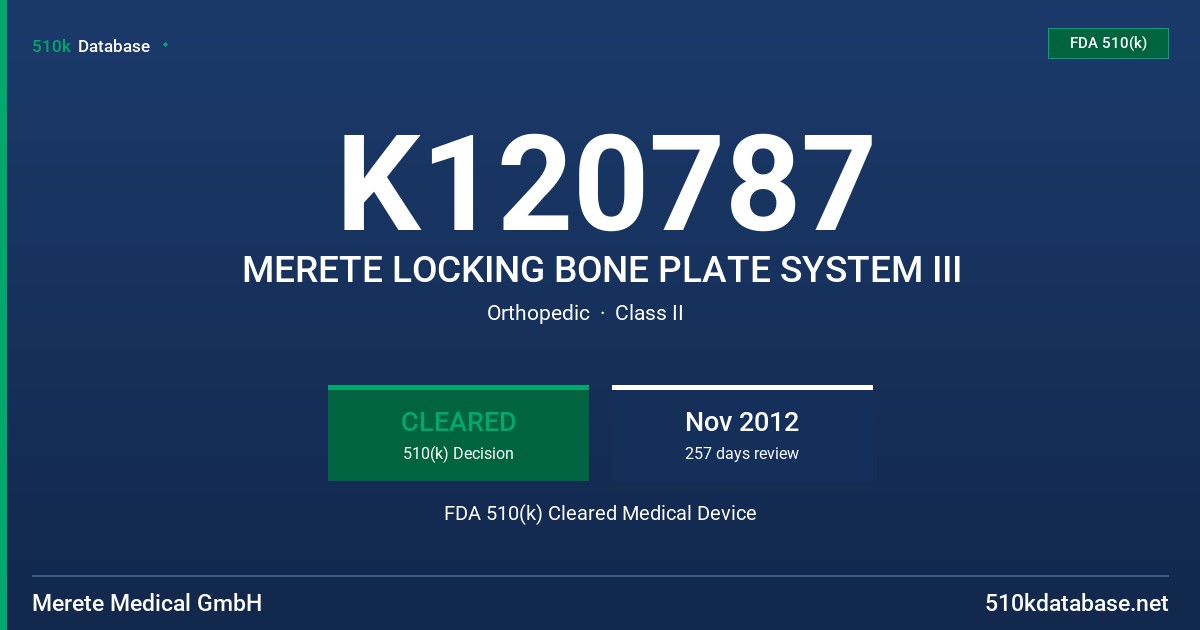 K120787 MERETE LOCKING BONE PLATE SYSTEM III FDA 510(k) Cleared Medical Device