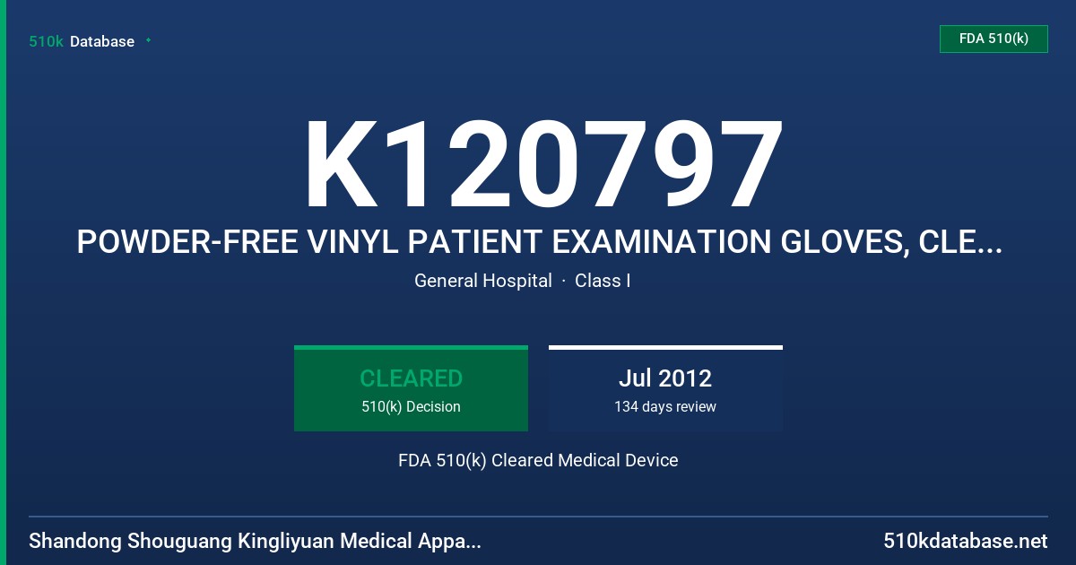 K120797 POWDER-FREE VINYL PATIENT EXAMINATION GLOVES, CLEAR (NON-COLORED) FDA 510(k) Cleared Medical Device