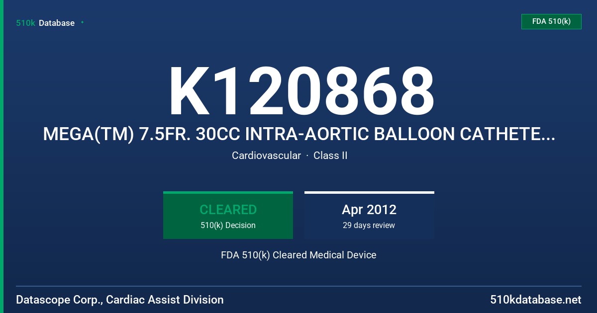 K120868 MEGA(TM) 7.5FR. 30CC INTRA-AORTIC BALLOON CATHETER AND ACCESSORIES, MEGA(TM) 7.5FR. 40CC INTRA-AORTIC BALLOON CATHETER FDA 510(k) Cleared Medical Device