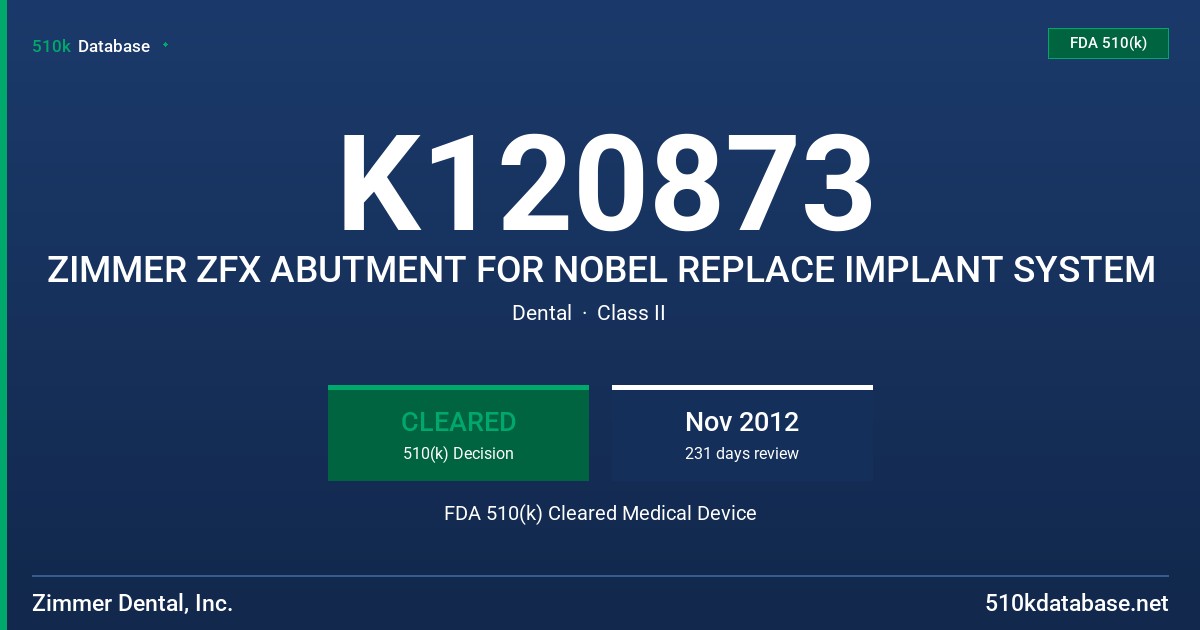 K120873 ZIMMER ZFX ABUTMENT FOR NOBEL REPLACE IMPLANT SYSTEM FDA 510(k) Cleared Medical Device