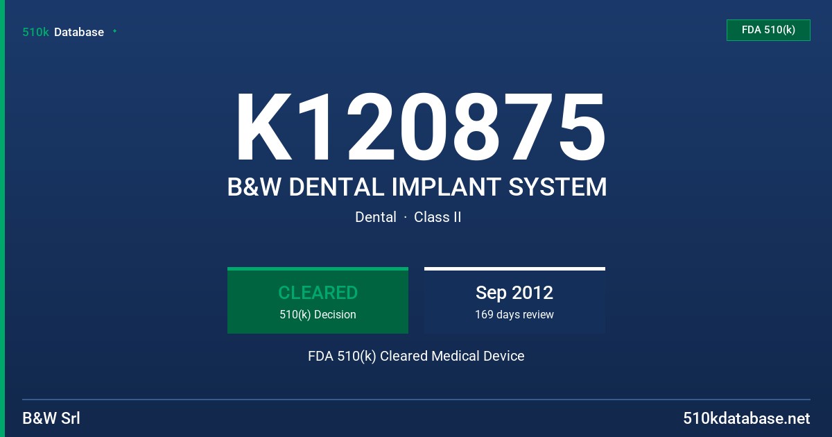 K120875 B&W DENTAL IMPLANT SYSTEM FDA 510(k) Cleared Medical Device