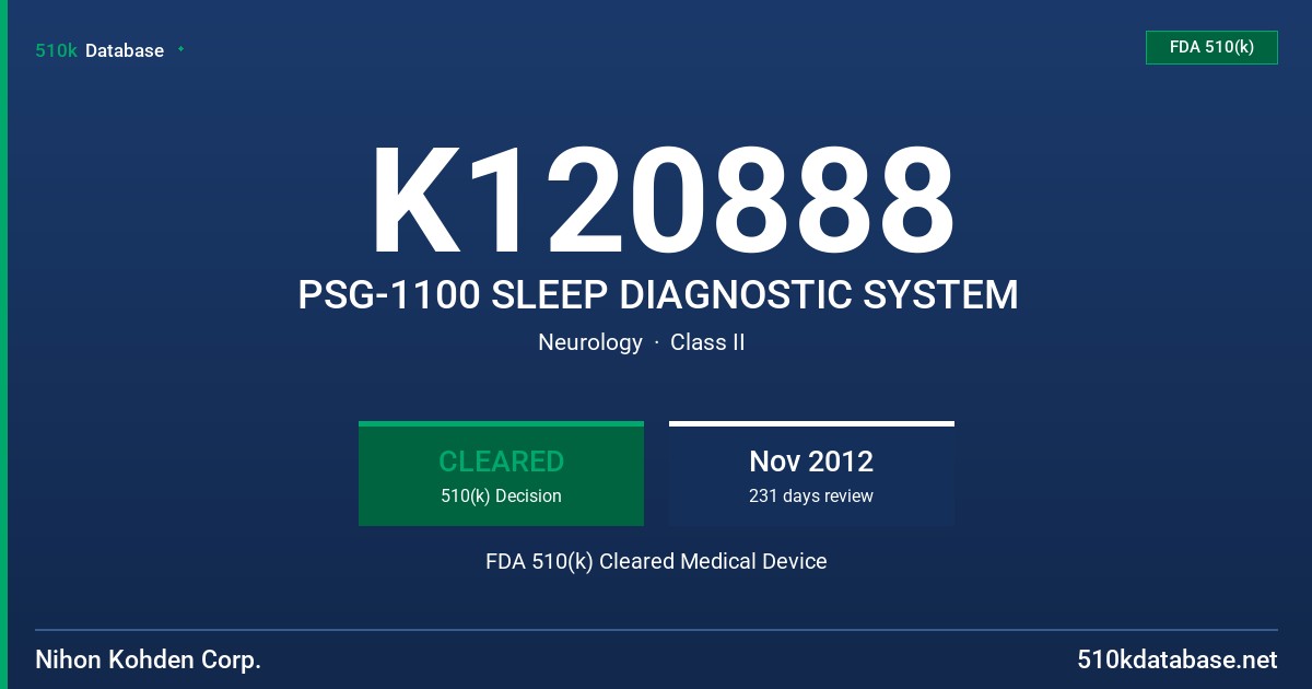 K120888 PSG-1100 SLEEP DIAGNOSTIC SYSTEM FDA 510(k) Cleared Medical Device