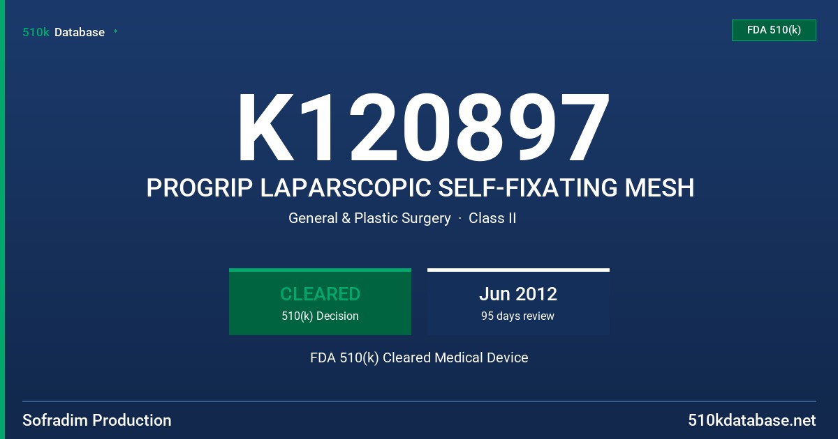 K120897 PROGRIP LAPARSCOPIC SELF-FIXATING MESH FDA 510(k) Cleared Medical Device