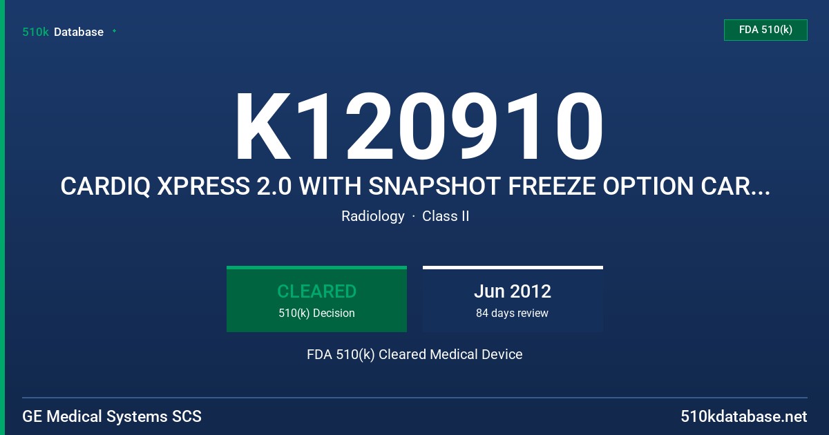 K120910 CARDIQ XPRESS 2.0 WITH SNAPSHOT FREEZE OPTION CARDIQ XPRESS 2.0 REVEAL FDA 510(k) Cleared Medical Device
