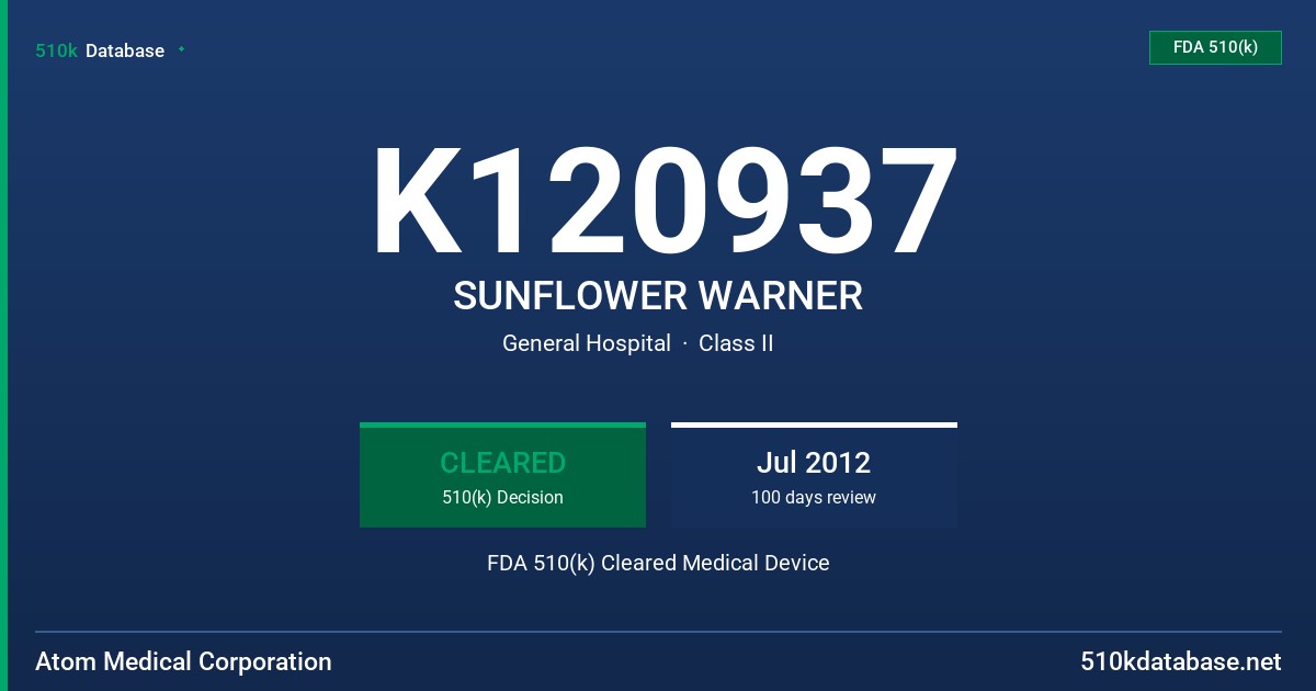 K120937 SUNFLOWER WARNER FDA 510(k) Cleared Medical Device