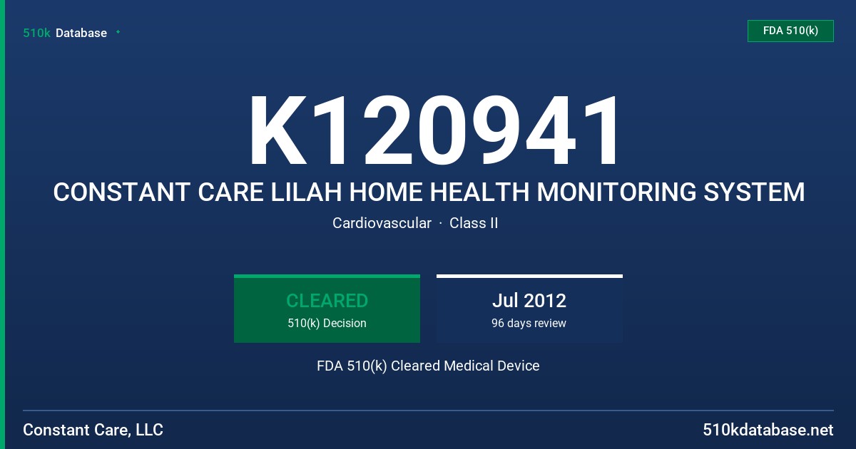 K120941 CONSTANT CARE LILAH HOME HEALTH MONITORING SYSTEM FDA 510(k) Cleared Medical Device