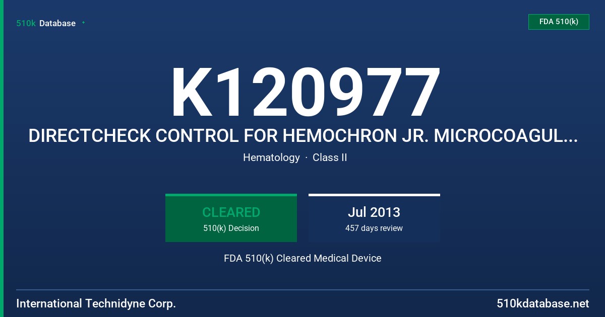 K120977 DIRECTCHECK CONTROL FOR HEMOCHRON JR. MICROCOAGULATION SYSTEMS ACT-LR CUVETTE DIRECTCHECK CONTROLS FOR HEMOCHRON JR. MIC FDA 510(k) Cleared Medical Device