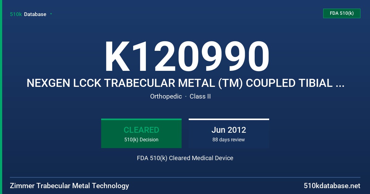 K120990 NEXGEN LCCK TRABECULAR METAL (TM) COUPLED TIBIAL CONES PROVISIONALS TO NEXGEN LCCK TRABECULAR METAL (TM) COUPLED TIBIAL FDA 510(k) Cleared Medical Device