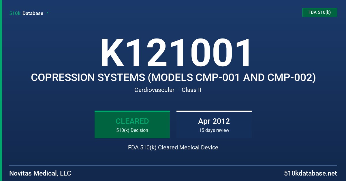 K121001 COPRESSION SYSTEMS (MODELS CMP-001 AND CMP-002) FDA 510(k) Cleared Medical Device