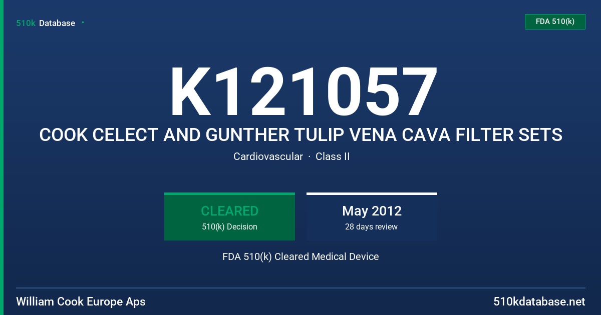 K121057 COOK CELECT AND GUNTHER TULIP VENA CAVA FILTER SETS FDA 510(k) Cleared Medical Device