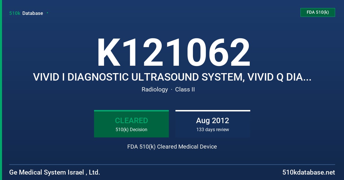 K121062 VIVID I DIAGNOSTIC ULTRASOUND SYSTEM, VIVID Q DIAGNOSTIC ULTRASOUND SYSTEM FDA 510(k) Cleared Medical Device