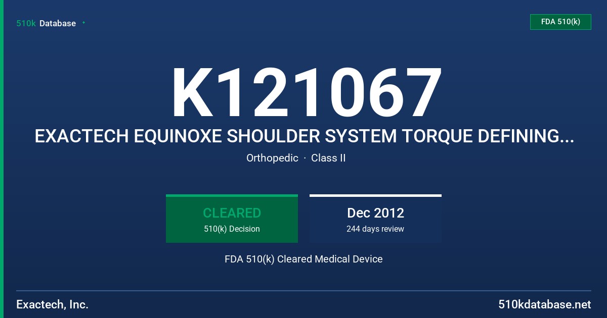 K121067 EXACTECH EQUINOXE SHOULDER SYSTEM TORQUE DEFINING SCREW AND SHORT REPLICATOR PLATE FDA 510(k) Cleared Medical Device