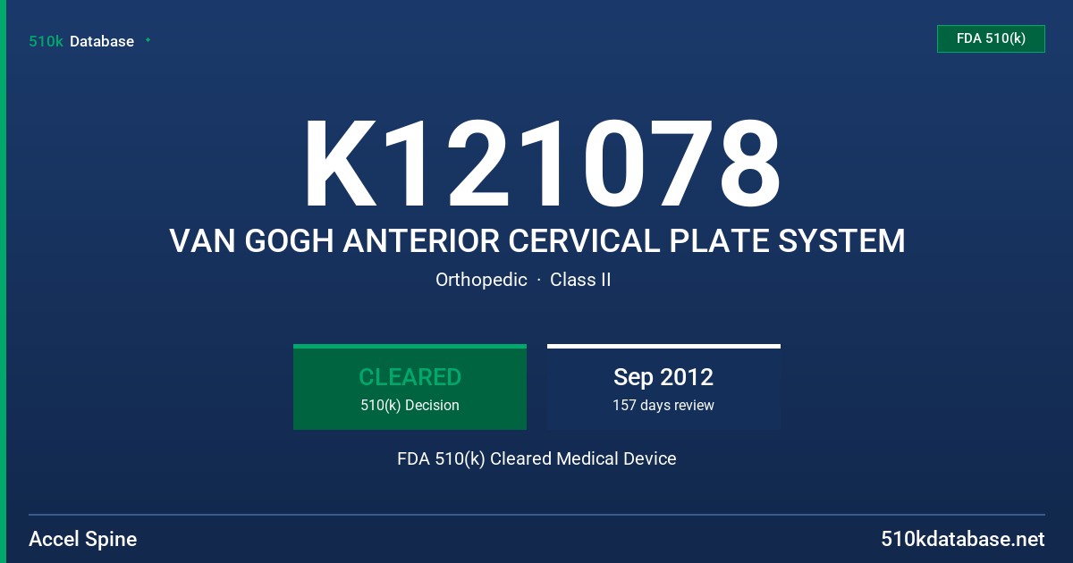 K121078 VAN GOGH ANTERIOR CERVICAL PLATE SYSTEM FDA 510(k) Cleared Medical Device