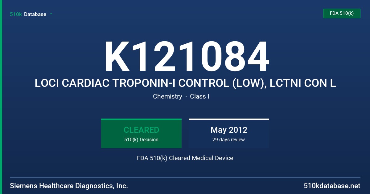 K121084 LOCI CARDIAC TROPONIN-I CONTROL (LOW), LCTNI CON L FDA 510(k) Cleared Medical Device