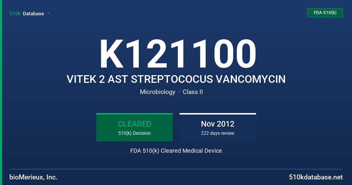 K121100 VITEK 2 AST STREPTOCOCUS VANCOMYCIN FDA 510(k) Cleared Medical Device