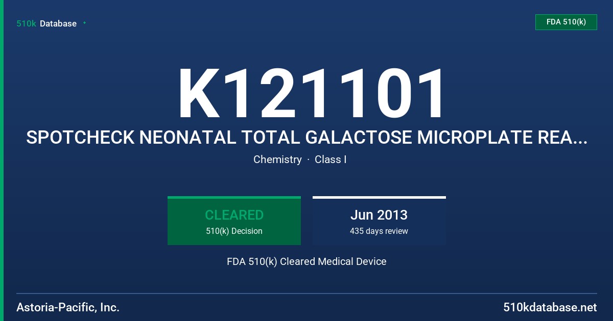 K121101 SPOTCHECK NEONATAL TOTAL GALACTOSE MICROPLATE REAGENT KIT FDA 510(k) Cleared Medical Device