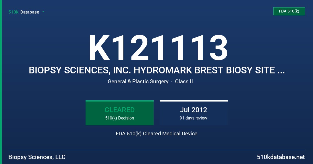K121113 BIOPSY SCIENCES, INC. HYDROMARK BREST BIOSY SITE MARKER FDA 510(k) Cleared Medical Device