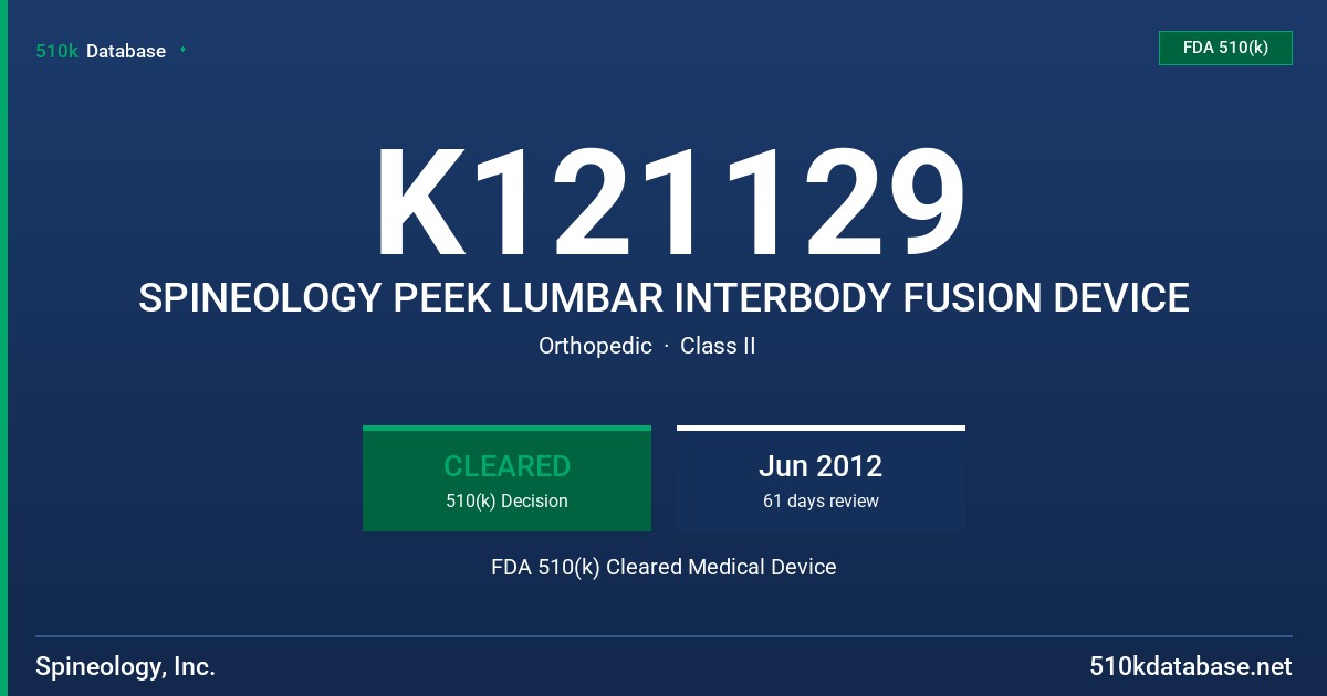 K121129 SPINEOLOGY PEEK LUMBAR INTERBODY FUSION DEVICE FDA 510(k) Cleared Medical Device