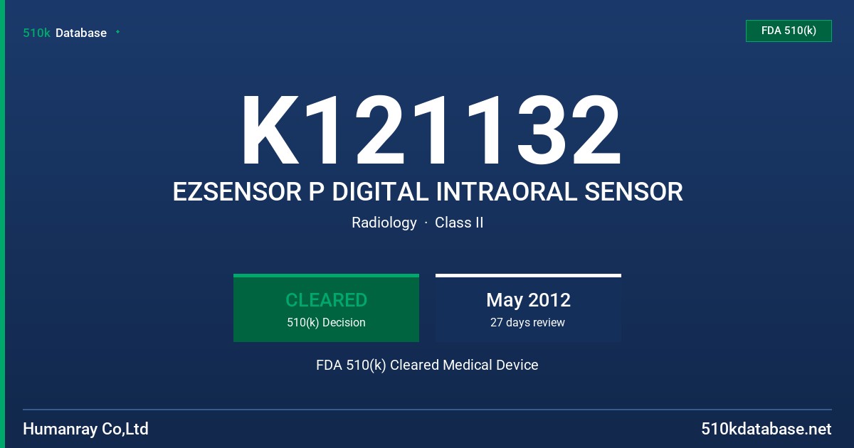 K121132 EZSENSOR P DIGITAL INTRAORAL SENSOR FDA 510(k) Cleared Medical Device