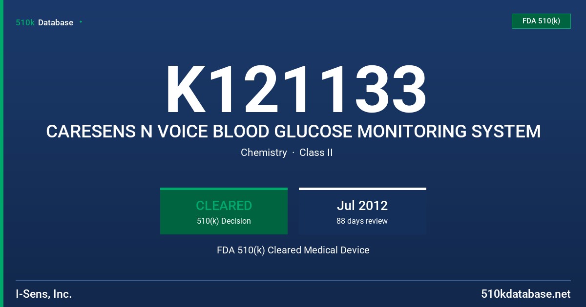 K121133 CARESENS N VOICE BLOOD GLUCOSE MONITORING SYSTEM FDA 510(k) Cleared Medical Device