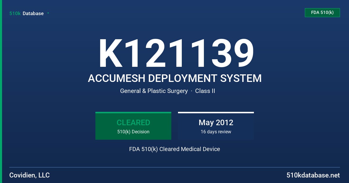 K121139 ACCUMESH DEPLOYMENT SYSTEM FDA 510(k) Cleared Medical Device