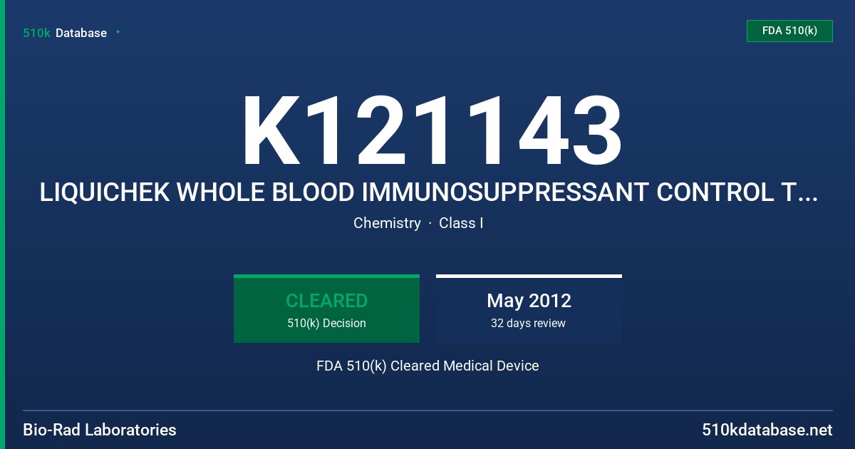 K121143 LIQUICHEK WHOLE BLOOD IMMUNOSUPPRESSANT CONTROL TILEVEL (1,2 AND 3) FDA 510(k) Cleared Medical Device