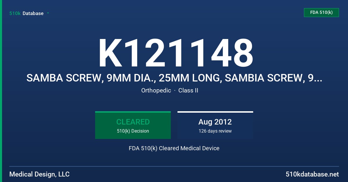 K121148 SAMBA SCREW, 9MM DIA., 25MM LONG, SAMBIA SCREW, 9MM DIA., 30MM LONG, SAMBA SCREW 9MM DIA., 35MM LONG, SAMBA SCREW, 9MM D FDA 510(k) Cleared Medical Device