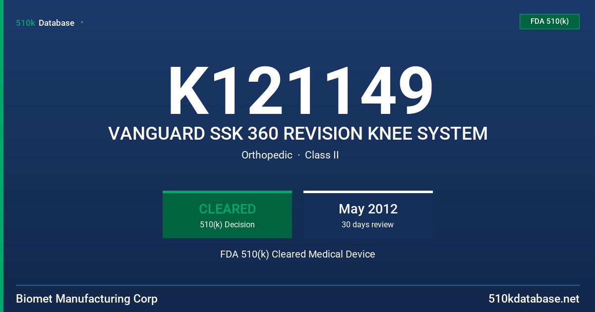 K121149 VANGUARD SSK 360 REVISION KNEE SYSTEM FDA 510(k) Cleared Medical Device