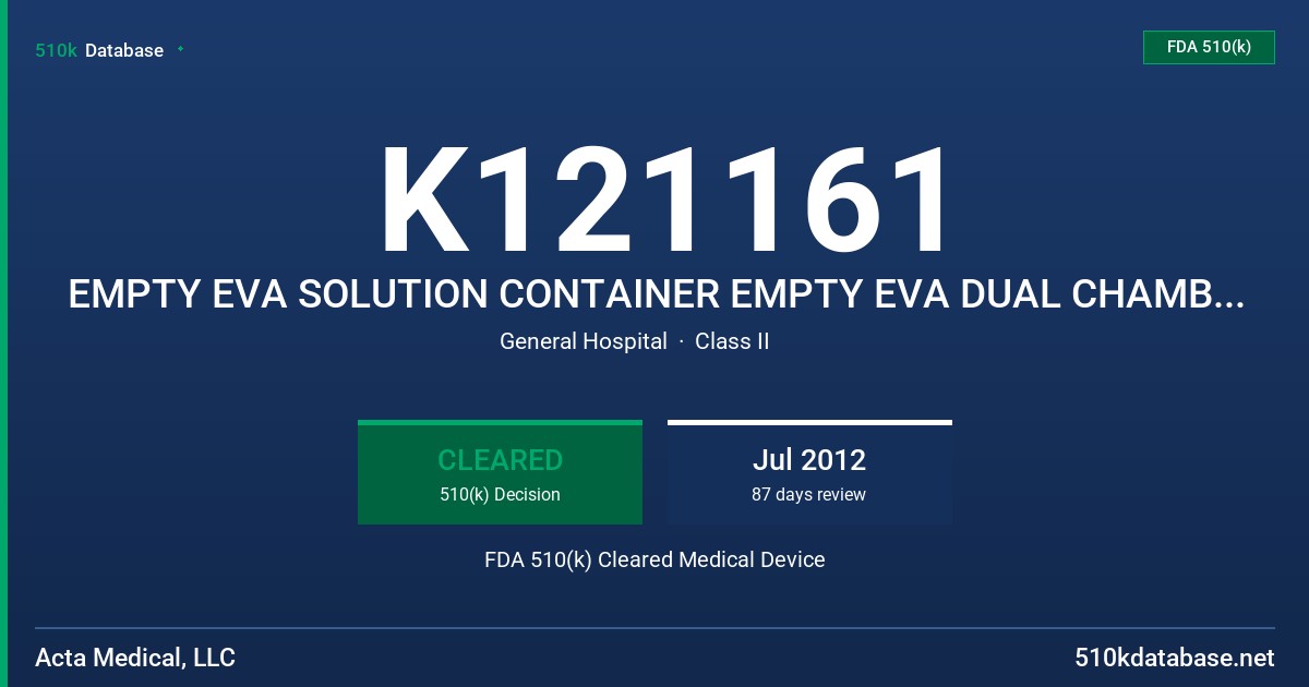 K121161 EMPTY EVA SOLUTION CONTAINER EMPTY EVA DUAL CHAMBER SOLUTION CONTAINER FDA 510(k) Cleared Medical Device