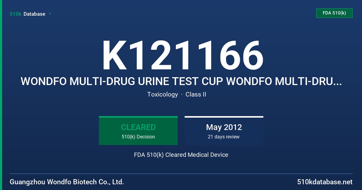K121166 WONDFO MULTI-DRUG URINE TEST CUP WONDFO MULTI-DRUG URINE TEST PANEL FDA 510(k) Cleared Medical Device