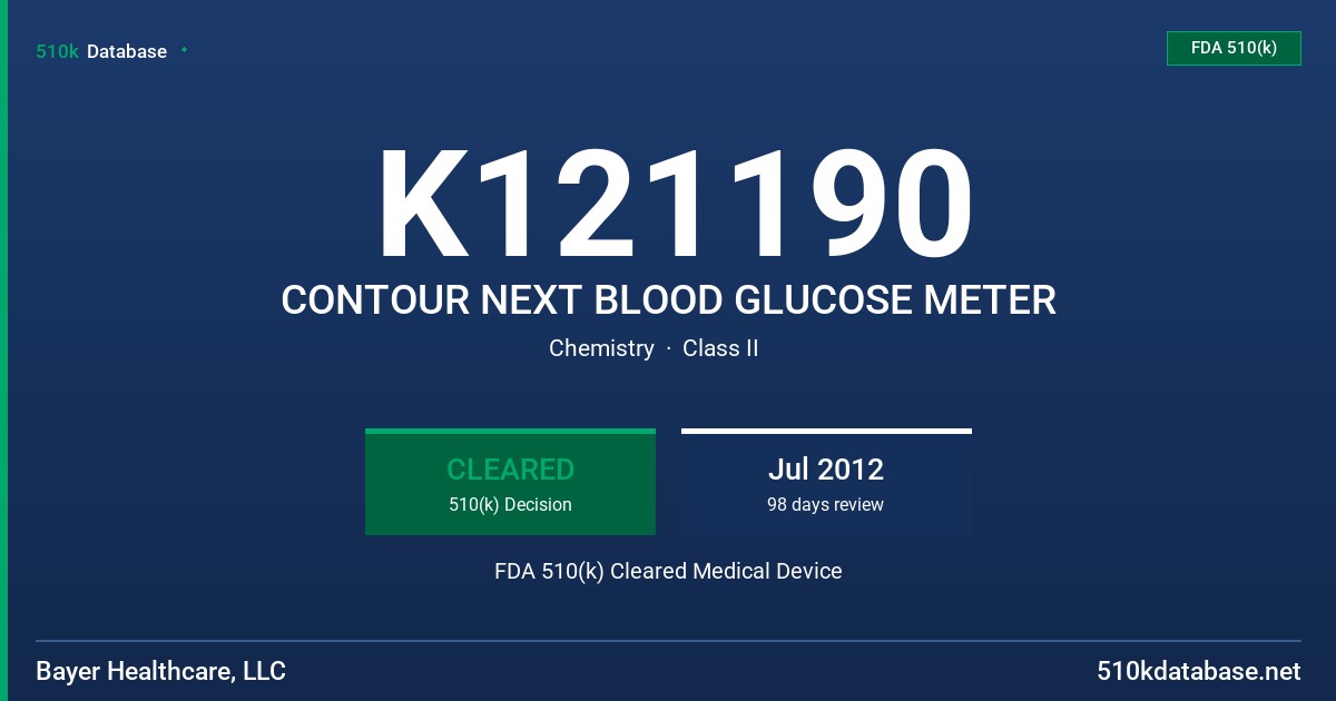K121190 CONTOUR NEXT BLOOD GLUCOSE METER FDA 510(k) Cleared Medical Device