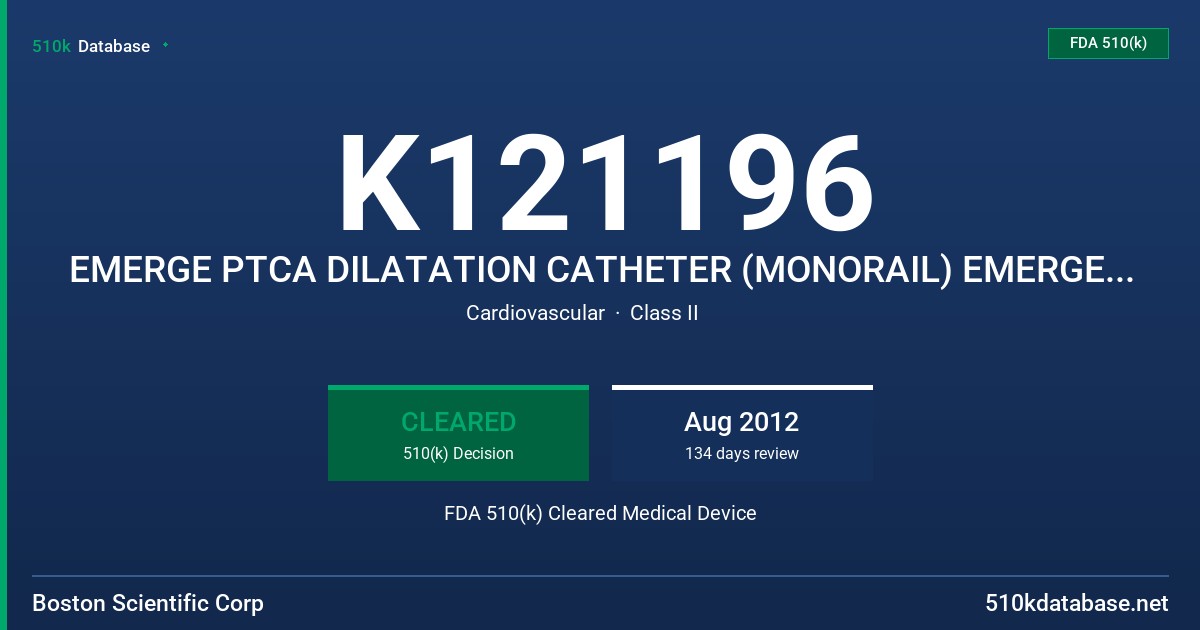 K121196 EMERGE PTCA DILATATION CATHETER (MONORAIL) EMERGE PTCA DILATATION CATHETER (OVER-THE-WIRE) FDA 510(k) Cleared Medical Device
