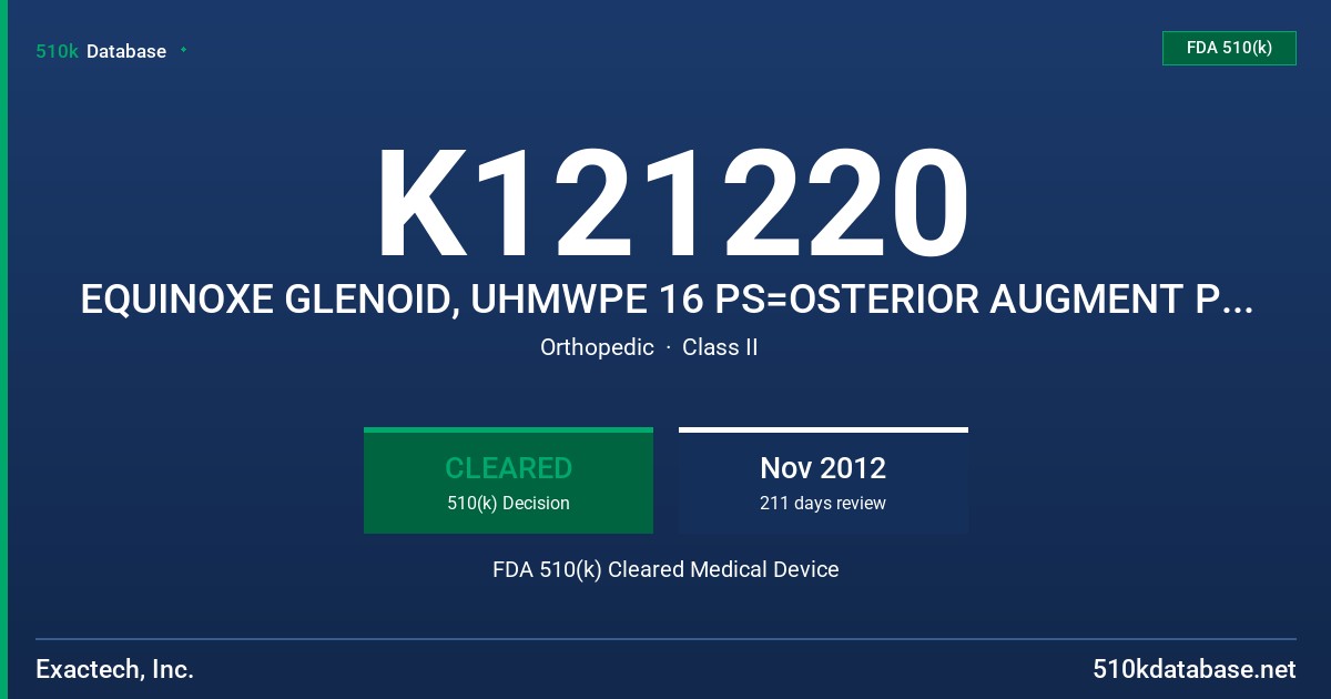 K121220 EQUINOXE GLENOID, UHMWPE 16 PS=OSTERIOR AUGMENT PEGGED, SMALL, LEFT/RIGHT FDA 510(k) Cleared Medical Device