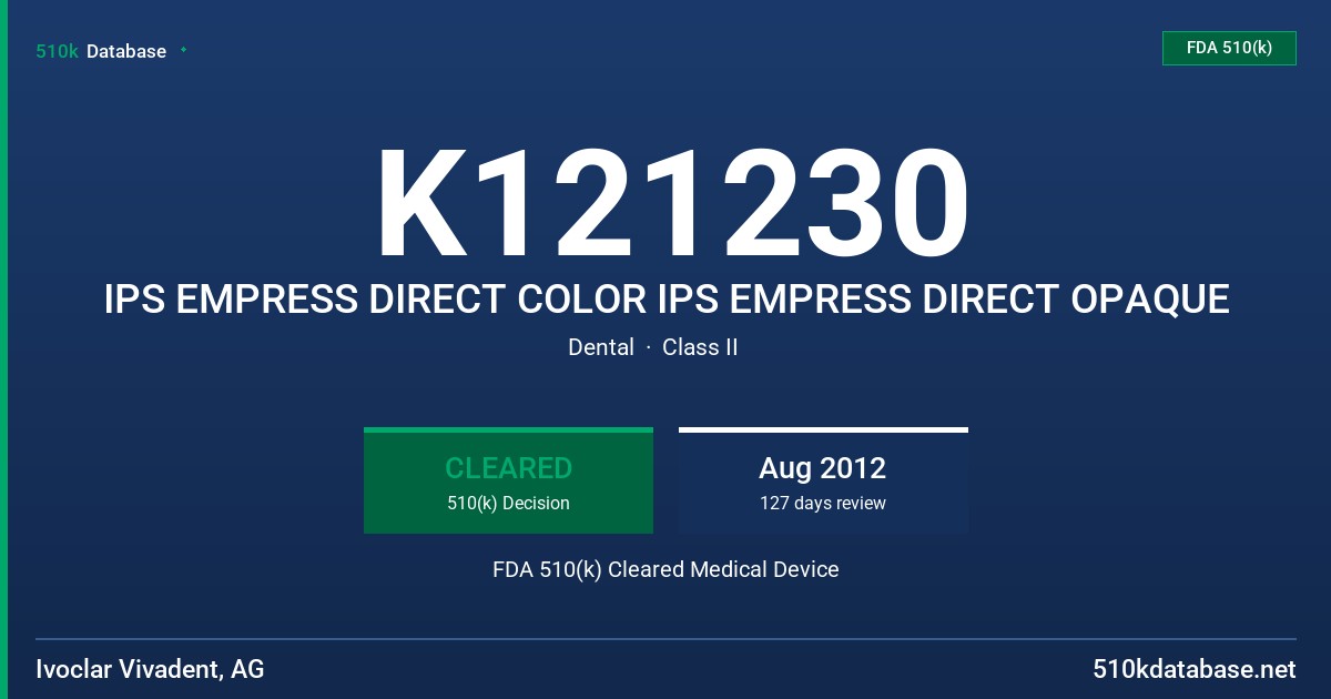 K121230 IPS EMPRESS DIRECT COLOR IPS EMPRESS DIRECT OPAQUE FDA 510(k) Cleared Medical Device
