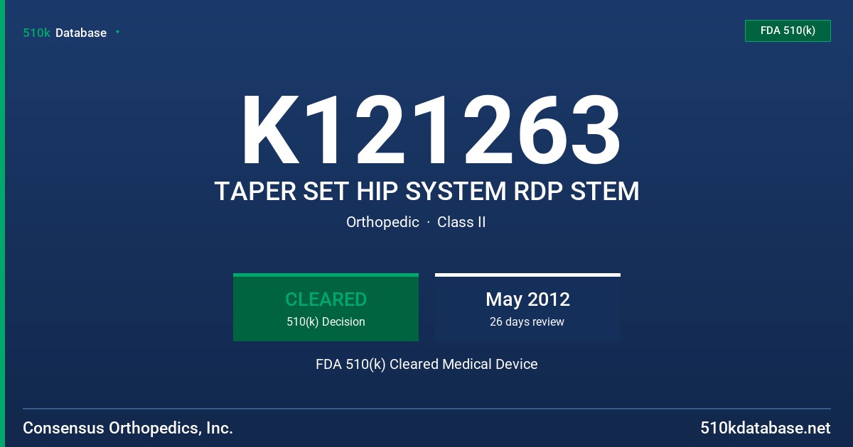 K121263 TAPER SET HIP SYSTEM RDP STEM FDA 510(k) Cleared Medical Device