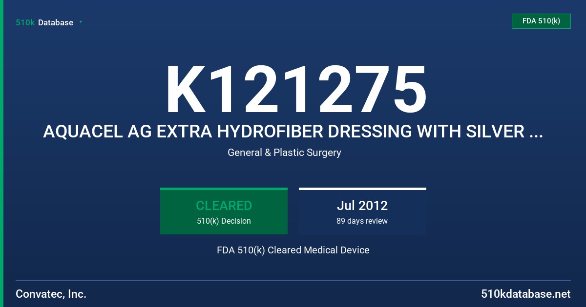 K121275 AQUACEL AG EXTRA HYDROFIBER DRESSING WITH SILVER AND STRENGTHENING FIBER FDA 510(k) Cleared Medical Device