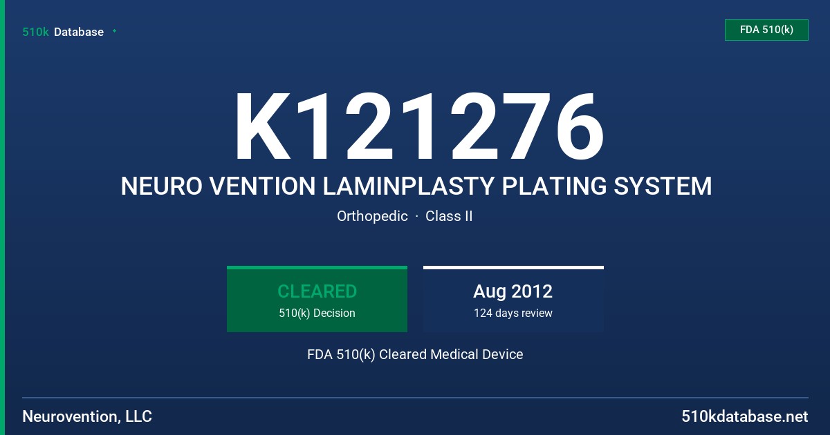 K121276 NEURO VENTION LAMINPLASTY PLATING SYSTEM FDA 510(k) Cleared Medical Device