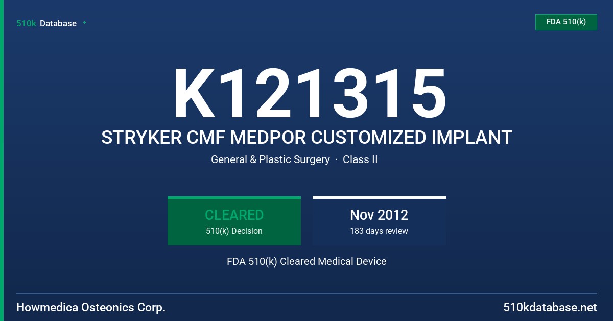 K121315 STRYKER CMF MEDPOR CUSTOMIZED IMPLANT FDA 510(k) Cleared Medical Device