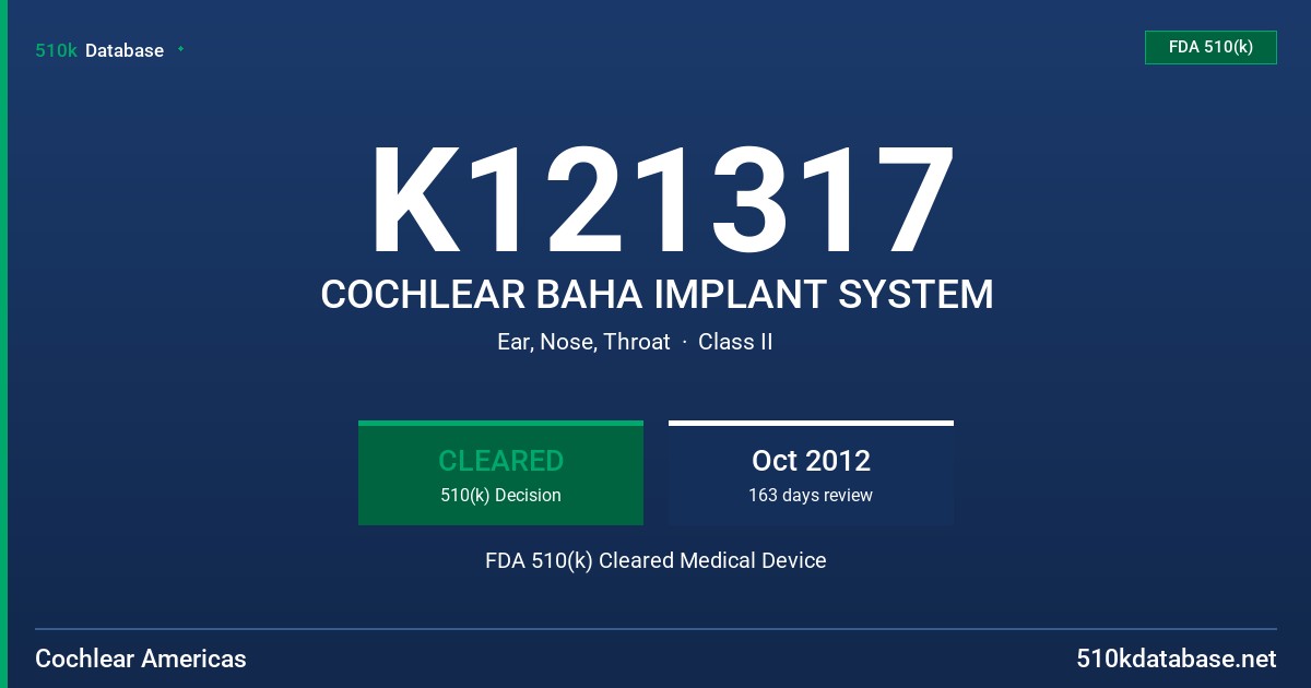 K121317 COCHLEAR BAHA IMPLANT SYSTEM FDA 510(k) Cleared Medical Device