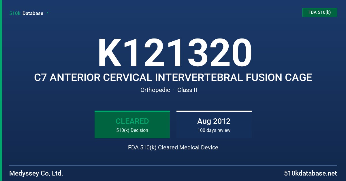 K121320 C7 ANTERIOR CERVICAL INTERVERTEBRAL FUSION CAGE FDA 510(k) Cleared Medical Device