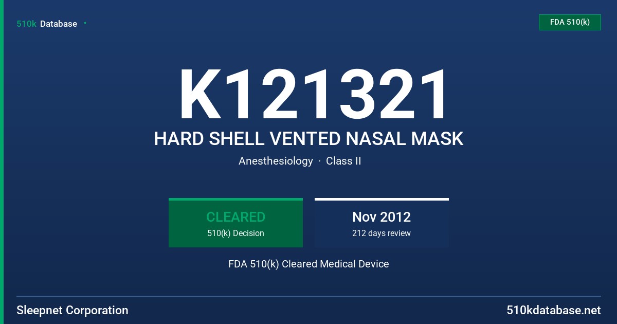 K121321 HARD SHELL VENTED NASAL MASK FDA 510(k) Cleared Medical Device