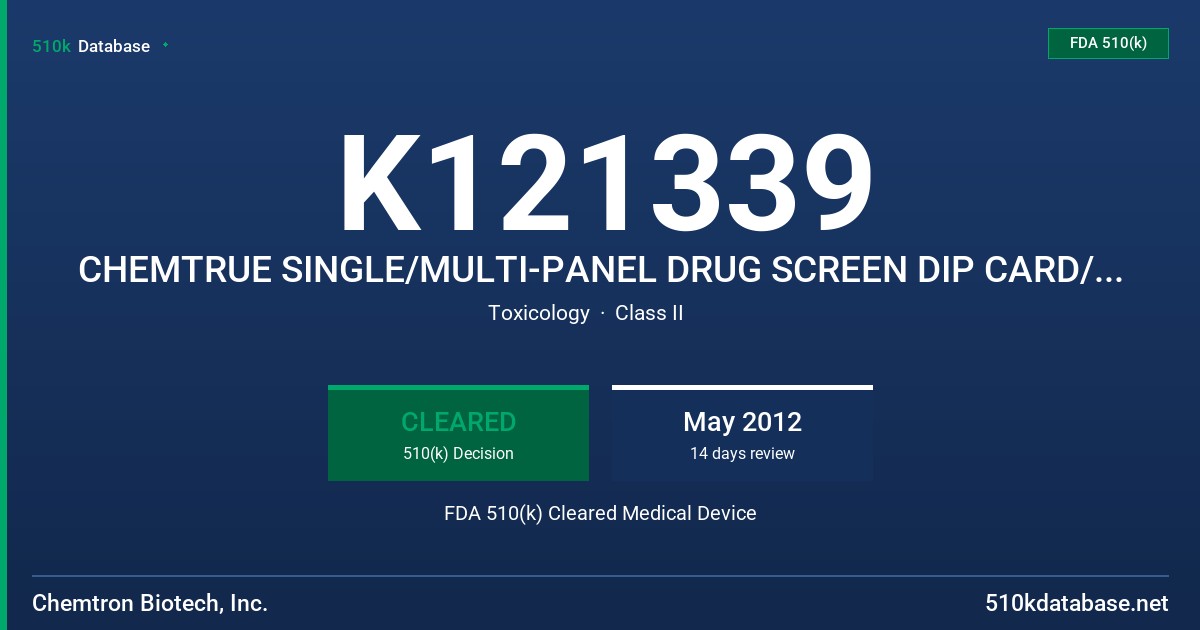 K121339 CHEMTRUE SINGLE/MULTI-PANEL DRUG SCREEN DIP CARD/CASSETTE TESTS FDA 510(k) Cleared Medical Device