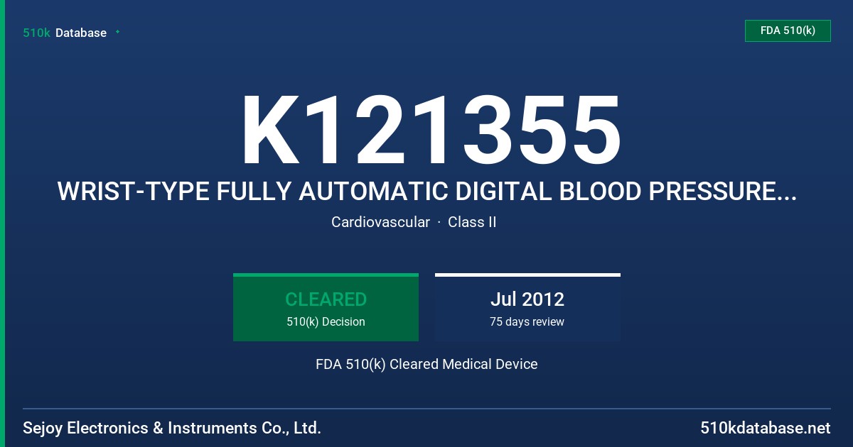 K121355 WRIST-TYPE FULLY AUTOMATIC DIGITAL BLOOD PRESSURE MONITOR FDA 510(k) Cleared Medical Device