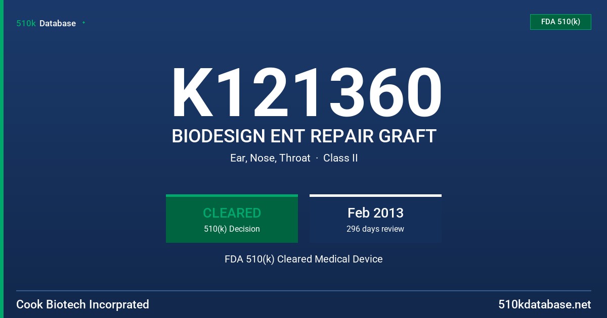 K121360 BIODESIGN ENT REPAIR GRAFT FDA 510(k) Cleared Medical Device